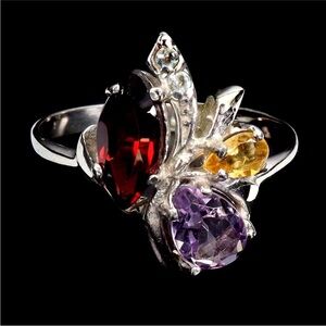 Natural Garnet w/ Citrine & Amethyst Gemstones in 925 Sterling Silver Ring Sz 8